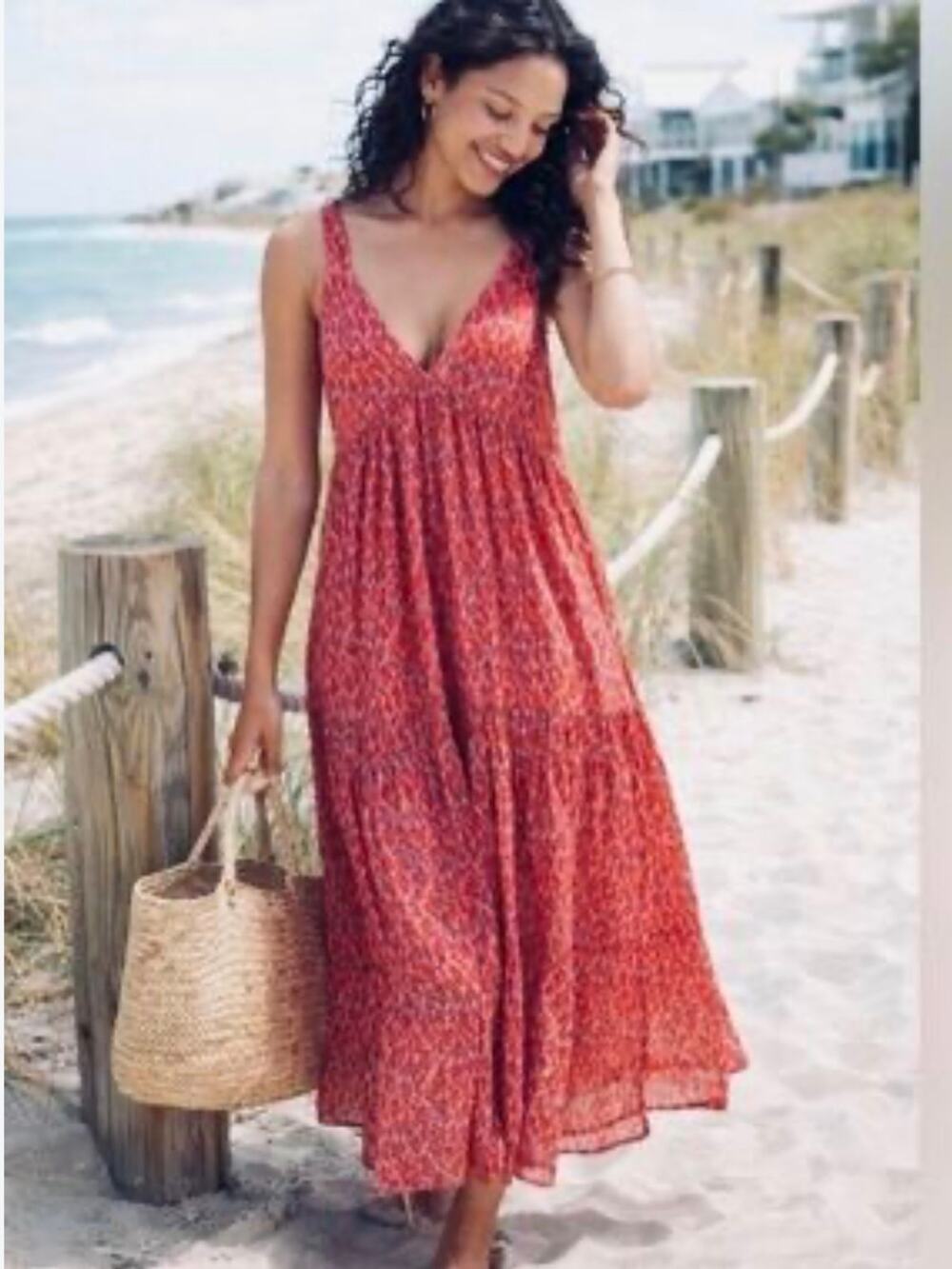 Joie Bondi Maxi Dress Large Tea Rose Pink Red Floral 100% Cotton Boho Beach